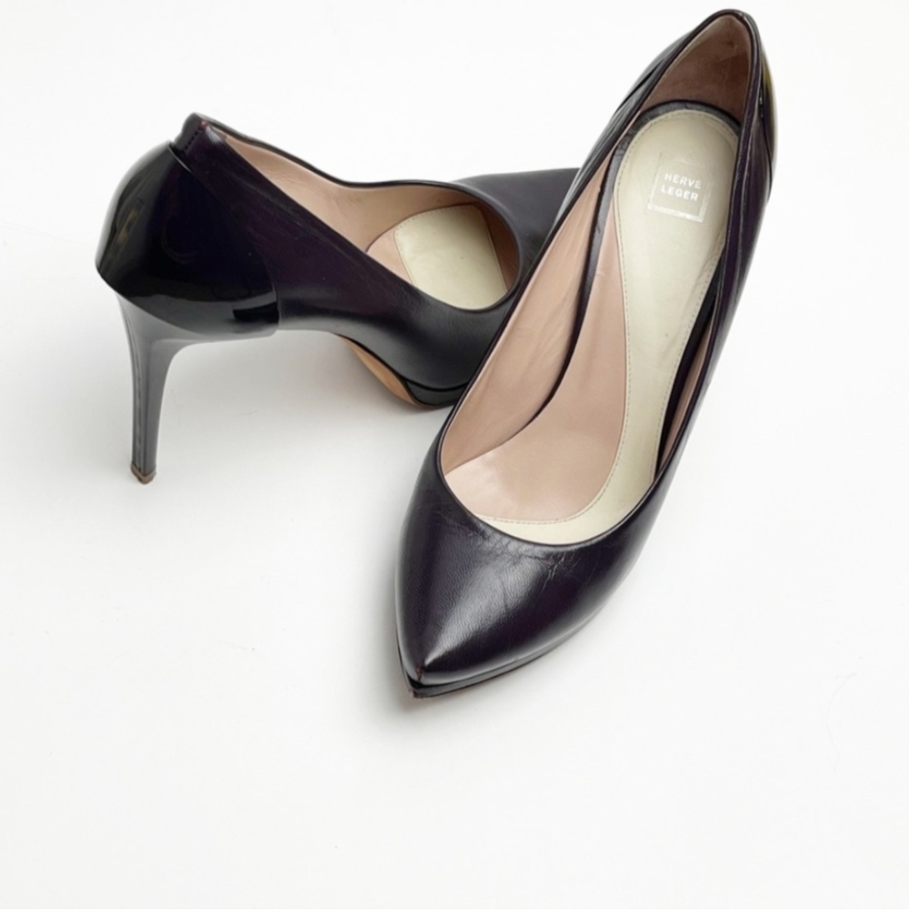 HERVE LEGER Albee Leather Dark Eggplant Purple Tortoise Shell Platform Heels